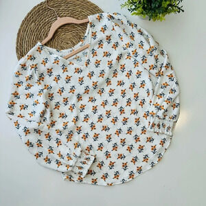 Loft White Floral Smoked Long Sleeve Blouse‎ Size XS